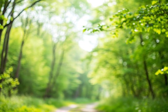 Soft focus on a tranquil forest pathway in spring