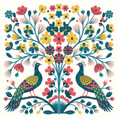 Colorful Floral Pattern with Symmetrical Birds and Tree