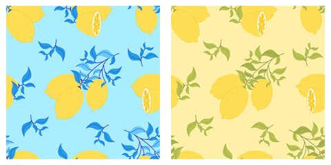 Set of seamless patterns with lemons on yellow and turquoise background. Bright Mediterranean citrus design in flat style.