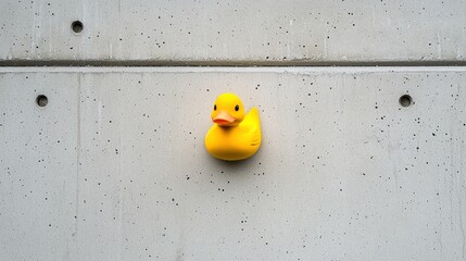 A yellow rubber duck on a concrete wall.