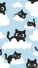 Whimsical Black Cats Playfully Floating Among Fluffy Clouds