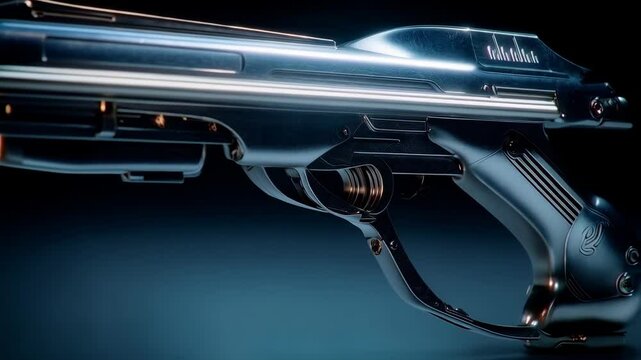 Close-up of a futuristic and sleek looking blaster weapon with chrome metal and intricate detailing against a dark background.