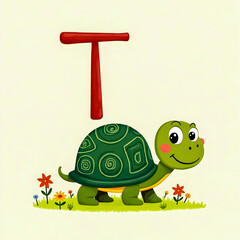 Obraz premium Alphabet poster with the letter T and a cute cartoon turtle with a green patterned shell, big eyes, and a gentle smile. Walking on soft grass with flowers. Crayon style, pastel background.