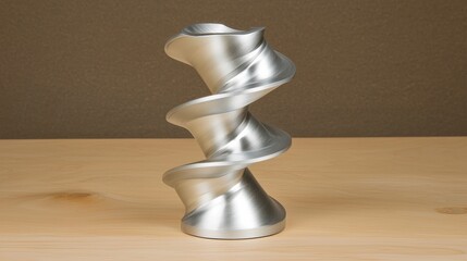 A silver metal sculpture of a twisted cylinder.