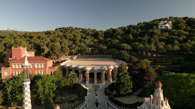 aerial view of parc guell, a landmark tourist attraction in Barcelona, Spain at sunrise, empty