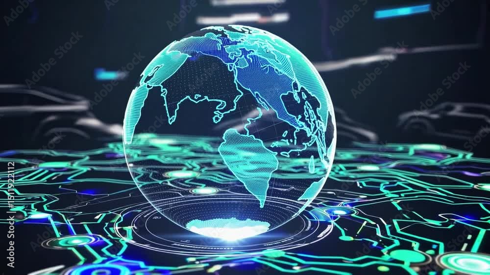Poster Futuristic global connectivity digital earth glowing network circuit board technology innovation and digital globe network lines