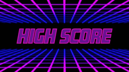 Neon grid standing by before blurred 3D text sliding in, resolving into bold HIGH SCORE display - Powered by Adobe