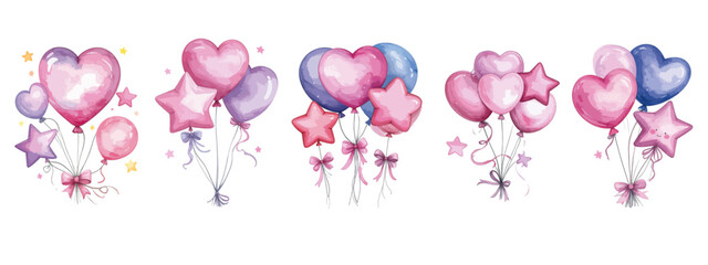 Balloons with bows  - vector watercolor illustrations for Baby Shower for girls, for birthday