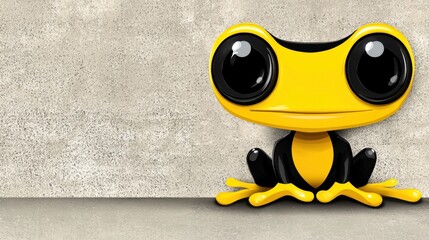 A cartoon frog with large eyes and a yellow body sits on a concrete wall.