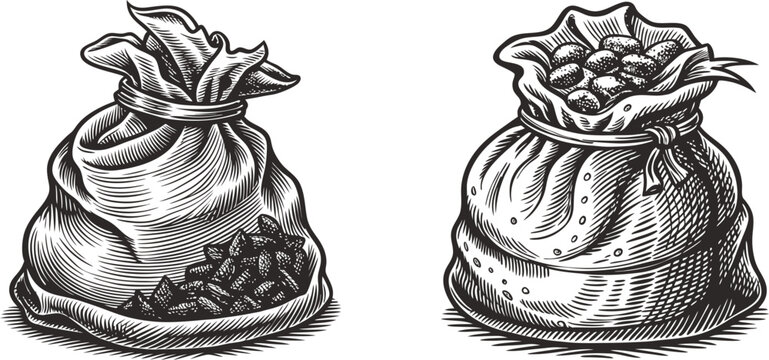 Two burlap sacks filled with different items one with seeds the other with round objects for barbecue vector elements