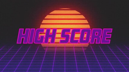 After sun rising, neon magenta high score text sliding over wireframe grid announcing high score - Powered by Adobe