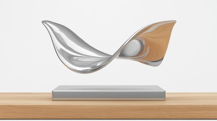 A silver abstract sculpture with a wave-like shape and a wooden base.