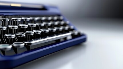 A blue typewriter with a white keyboard and black keys.
