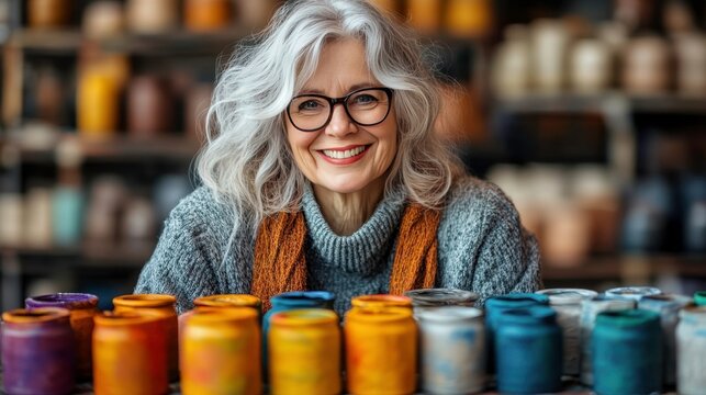 Cheerful Senior Woman Smiling in Artist Studio with Colorful Jars - Powered by Adobe