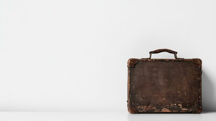 A worn brown suitcase with a handle and lock stands against a white wall.