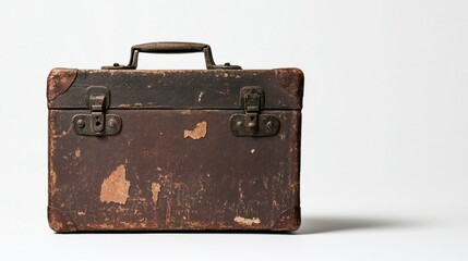 A worn brown suitcase with a handle and lock.