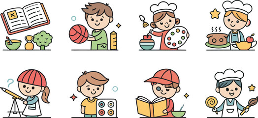 Creative Kids Activities: Art, Cooking, Science, and Sports Icons for Learning, Fun, and Inspiration – Perfect for Education Projects
