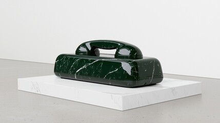 A dark green, marble-like telephone receiver sits on a white marble pedestal.