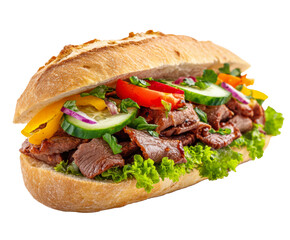 Delicious sandwich with grilled beef and fresh vegetables on a transparent background, cut out