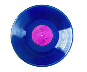 Bright blue vinyl record with vibrant pink label for music lovers on a transparent background, cut out