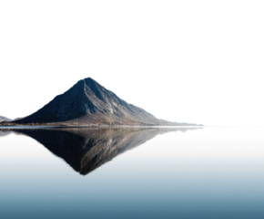 Mountain reflection at dawn over serene lake surface on a transparent background, cut out