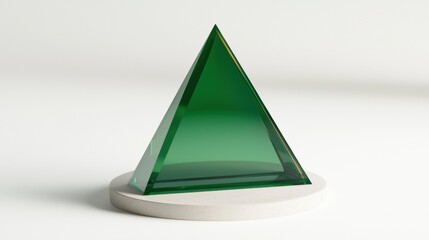 A green glass pyramid sits on a white pedestal.