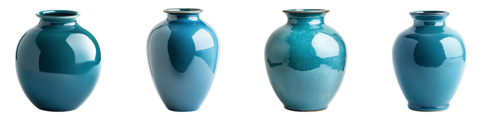 Four glossy ceramic vases display varied shades of turquoise on transparent background
