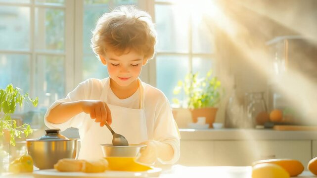 Preschool boy wearing white apron mixing ingredients in kitchen. Soft morning sunlight streams through windows. Lemons and baking tools on counter. Concentrated expression while cooking.