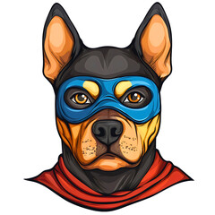 Obraz premium Doberman superhero, cartoon dog character, brave, loyal protector in mask and cape, funny comic vector, isolated fun art