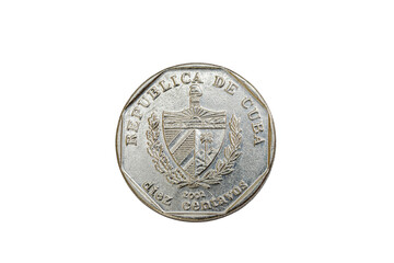 Obverse or heads side of a Nickel 2002 Cuban coin, shows a coat of arms,  name of the country and...