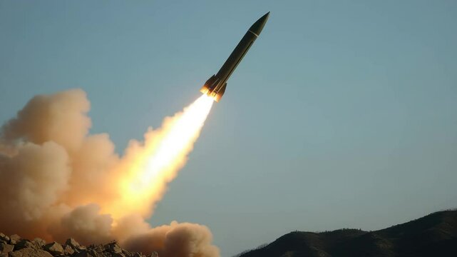 A rocket with a bright fiery trail rises into the sky against the backdrop of mountains