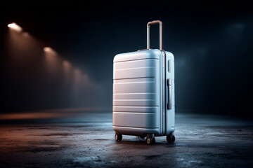 A modern travel suitcase stands near the edge of a dimly lit terminal floor. 