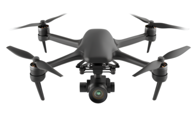 A black, four-robed drone with a camera, isolated on a transparent background.