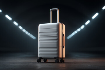 A modern travel suitcase stands near the edge of a dimly lit terminal floor. 