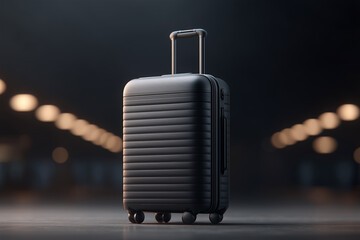 A modern travel suitcase stands near the edge of a dimly lit terminal floor. 