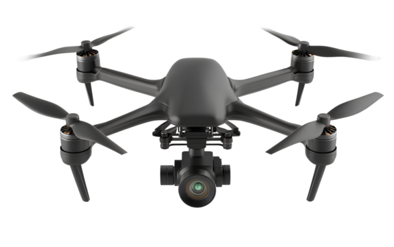 A black, four-robed drone with a camera, isolated on a transparent background.