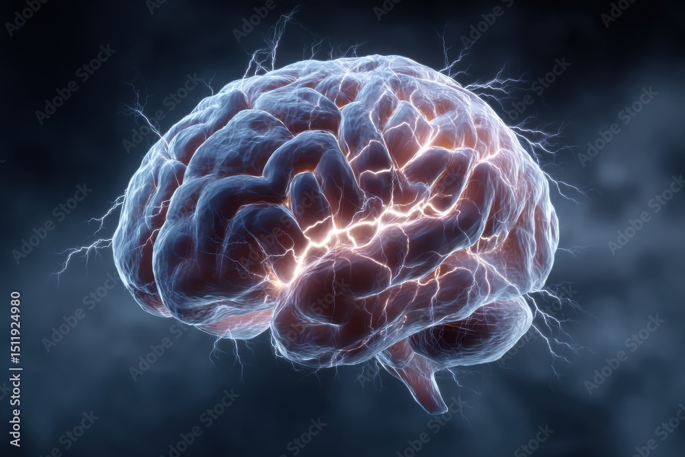 Aufkleber Animated Brain With Lightning Bolt Transitions to a Calm State, Showcasing a Unique Visual Representation of Thought Processes and Emotions