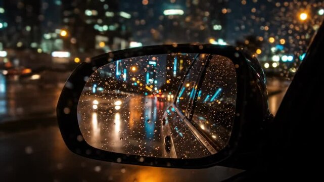 Car side mirror reflecting city lights on a rainy night with raindrops on the glass surface view