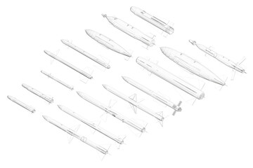 A series of rocket designs are shown in a line, with the first rocket being the shortest and the last rocket being the tallest. Isometric view