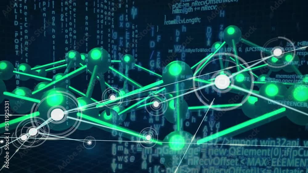 Poster materializing green nodes connecting neon rods, pulsing rings, rotating mesh showing code data flow