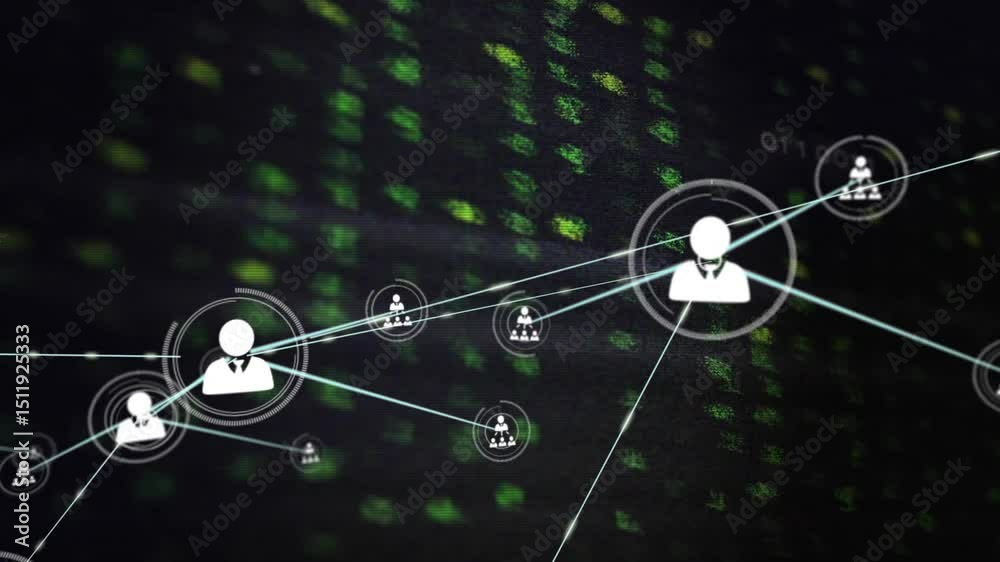 Poster dark code field showing green digits sparking white user icon sending lines forming pulsing network