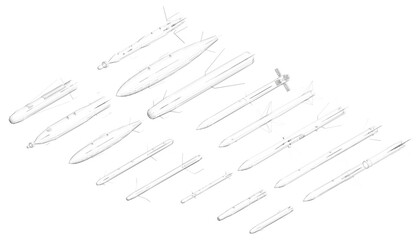 A series of rocket designs are shown in a line, with the first rocket being the shortest and the last rocket being the tallest. Isometric view