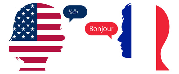 Silhouettes of people with USA and France flags saying Hello and Bonjour. Concept of international communication, language learning, and cultural exchange