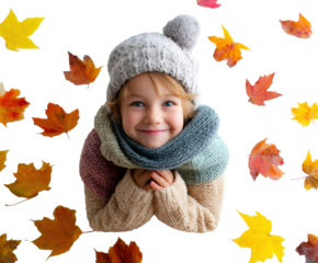 Warm autumn smiles with cozy attire and colorful leaves on a transparent background, cut out