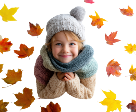 Warm autumn smiles with cozy attire and colorful leaves on a transparent background, cut out