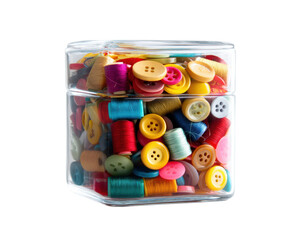 Colorful sewing threads and buttons in a clear glass container on a transparent background, cut out