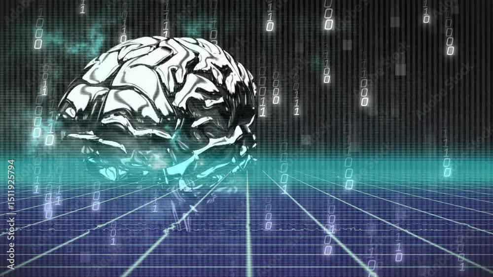Poster at start metallic brain model rotating with falling binary digits over grid demonstrating data flow