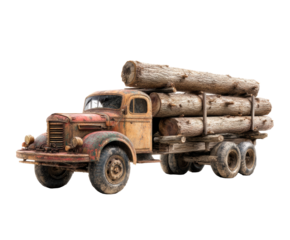 Vintage truck transporting tree logs through rural landscape on a transparent background, cut out