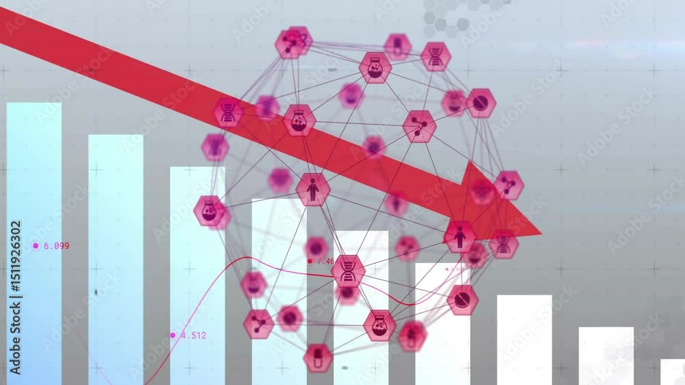 Poster bars animating in grid, nodes fading and linking, arrow slicing down and pulsing, showing decline