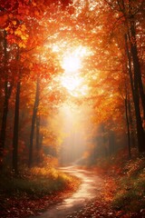 Autumn Path: A winding path weaves through a vibrant autumn forest, ablaze with the fiery hues of fall foliage, with the sunlight filtering through the trees creating an ethereal glow.